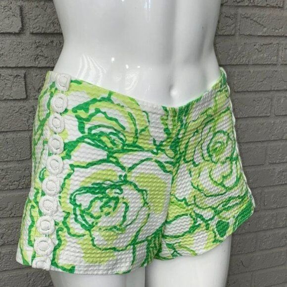Lilly Pulitzer LIZA Heartbreaker Women Green & White Textured Floral Shorts Size - Picture 3 of 15